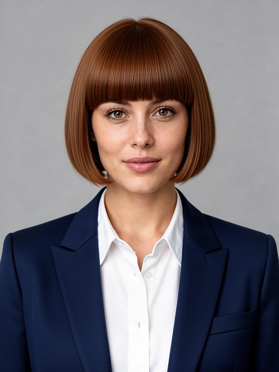 AI look: chin-length auburn bob with a full fringe, navy blazer and white shirt
