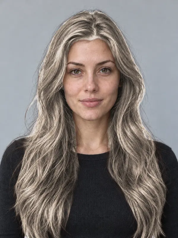 The same demo portrait with ash hair, previewed in the ColourSesh studio