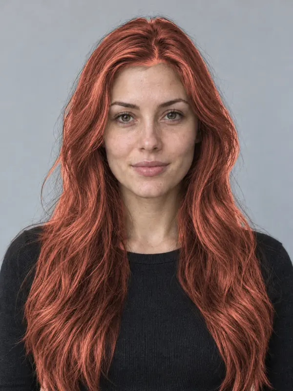 The same demo portrait with mahogany hair, previewed in the ColourSesh studio