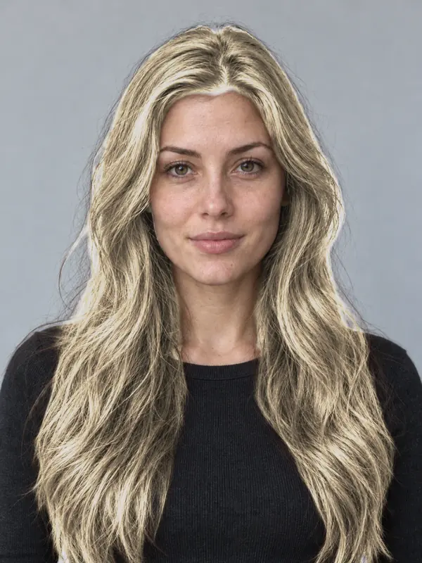 The same demo portrait with beige blonde hair, previewed in the ColourSesh studio