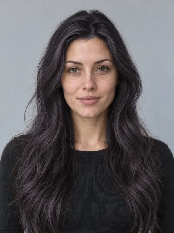 The same demo portrait with black hair, previewed in the ColourSesh studio