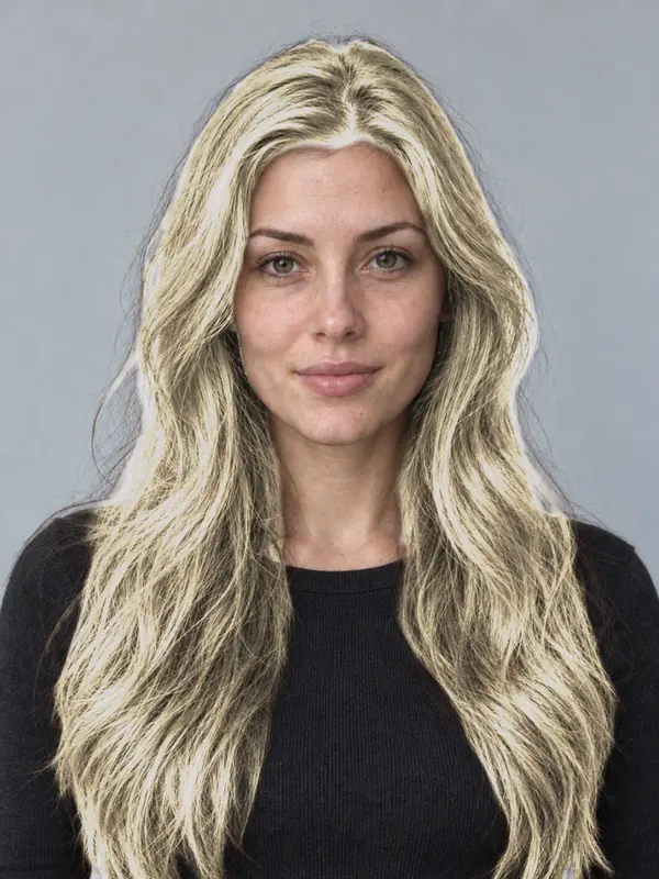 The same demo portrait with light blonde hair, previewed in the ColourSesh studio