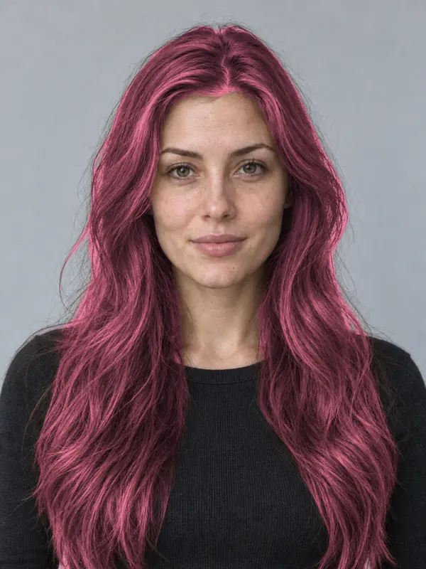 The same demo portrait with cherry hair, previewed in the ColourSesh studio