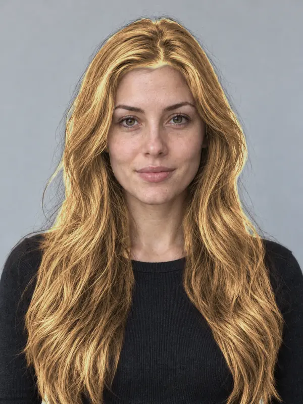 The same demo portrait with caramel hair, previewed in the ColourSesh studio