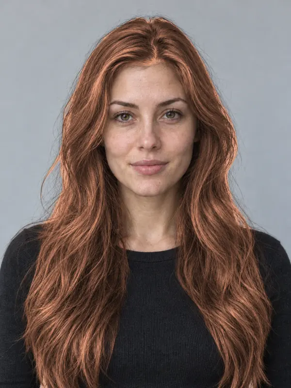 The same demo portrait with chestnut hair, previewed in the ColourSesh studio