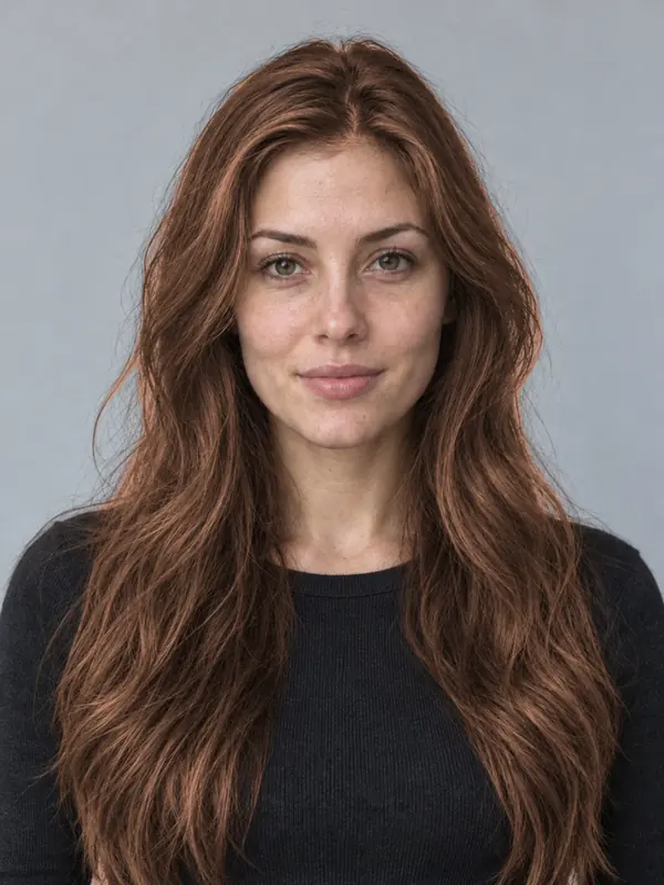 The same demo portrait with chocolate hair, previewed in the ColourSesh studio