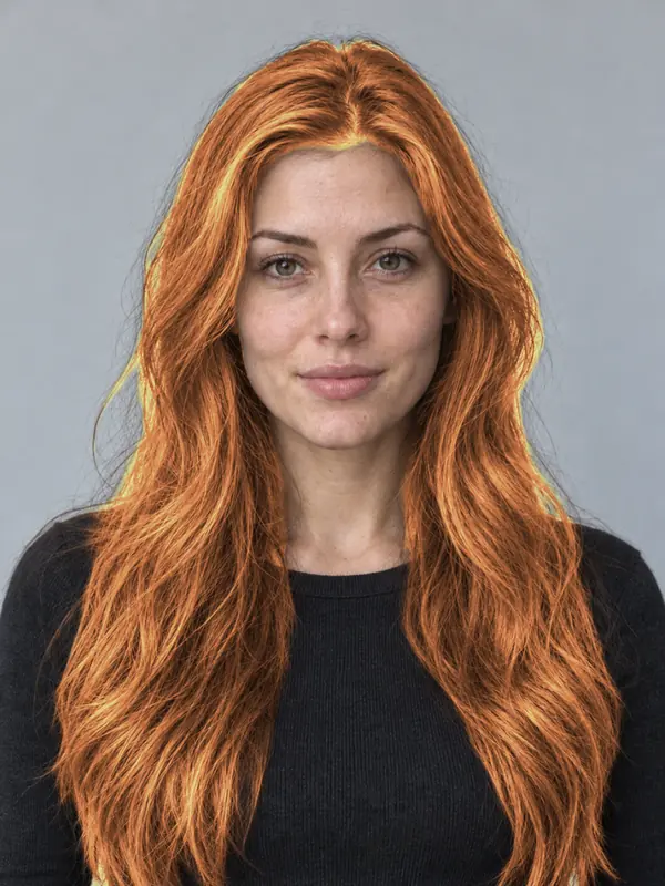 The same demo portrait with copper hair, previewed in the ColourSesh studio