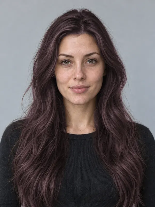 The same demo portrait with espresso hair, previewed in the ColourSesh studio