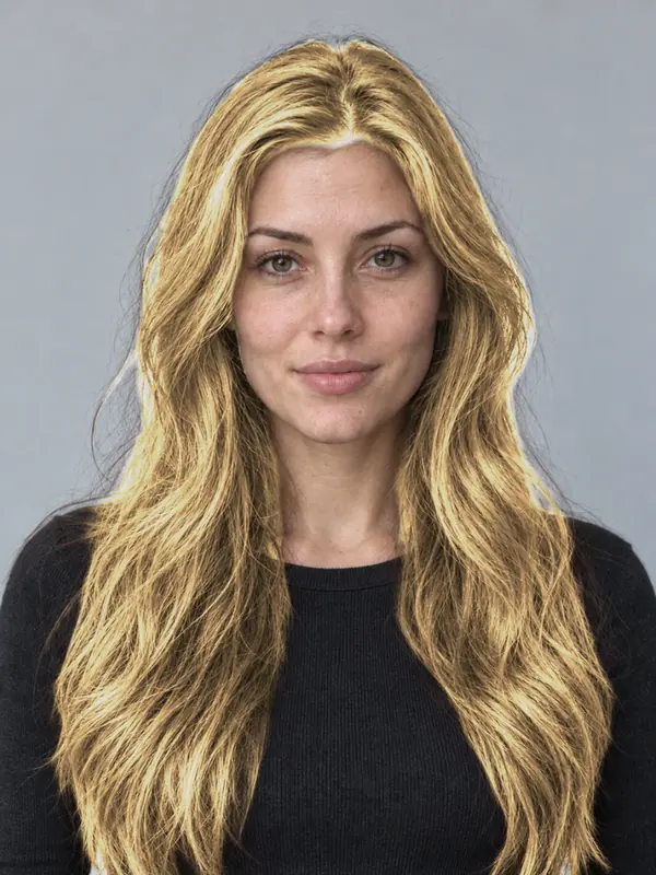 The same demo portrait with honey hair, previewed in the ColourSesh studio