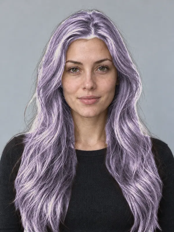 The same demo portrait with lavender hair, previewed in the ColourSesh studio