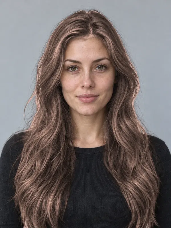 The same demo portrait with mocha hair, previewed in the ColourSesh studio