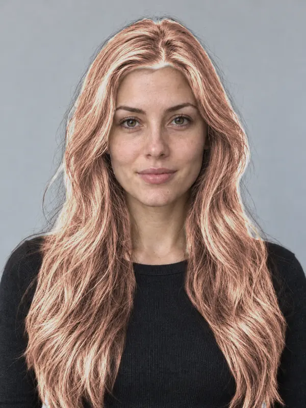 The same demo portrait with peach hair, previewed in the ColourSesh studio