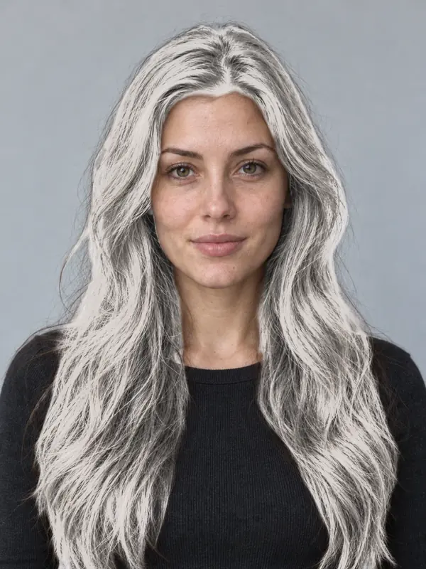 The same demo portrait with platinum hair, previewed in the ColourSesh studio