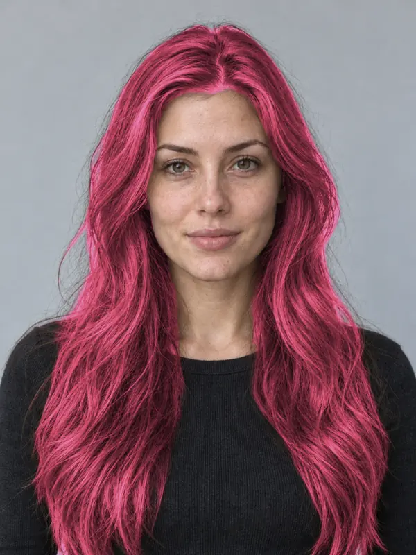 The same demo portrait with ruby hair, previewed in the ColourSesh studio