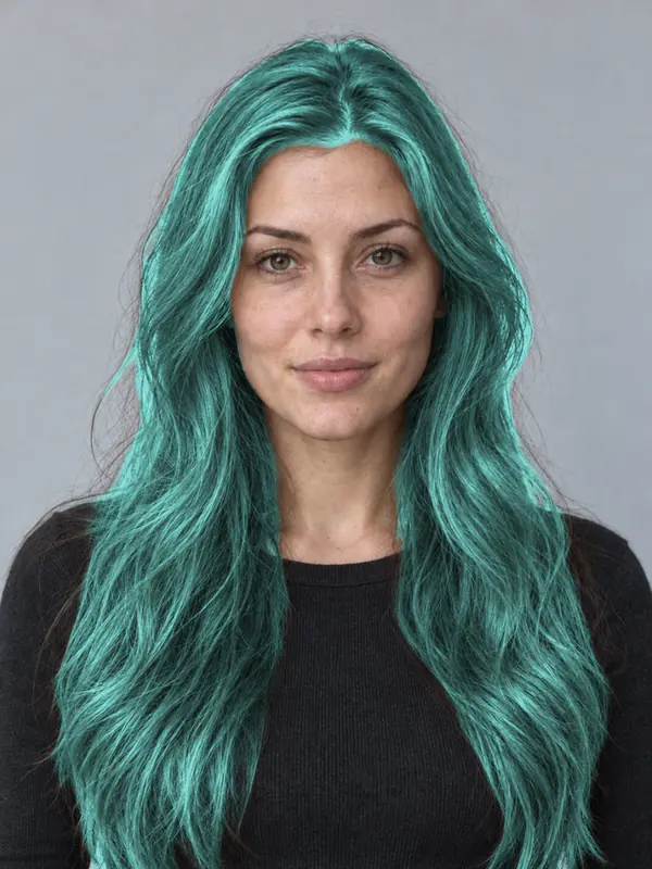 The same demo portrait with emerald hair, previewed in the ColourSesh studio