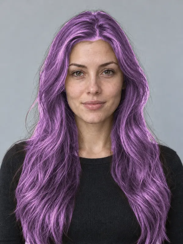 The same demo portrait with violet hair, previewed in the ColourSesh studio