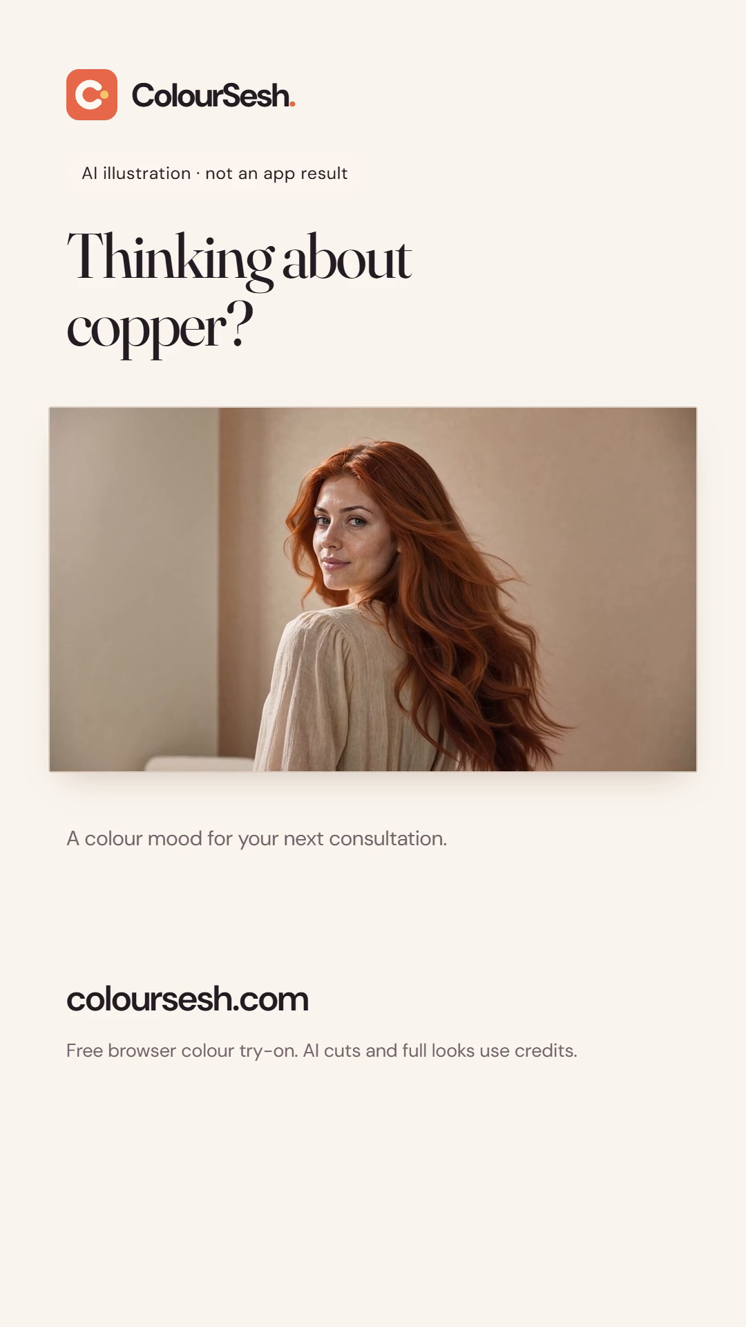 Copper hair colour mood in a cream ColourSesh frame, labelled AI illustration